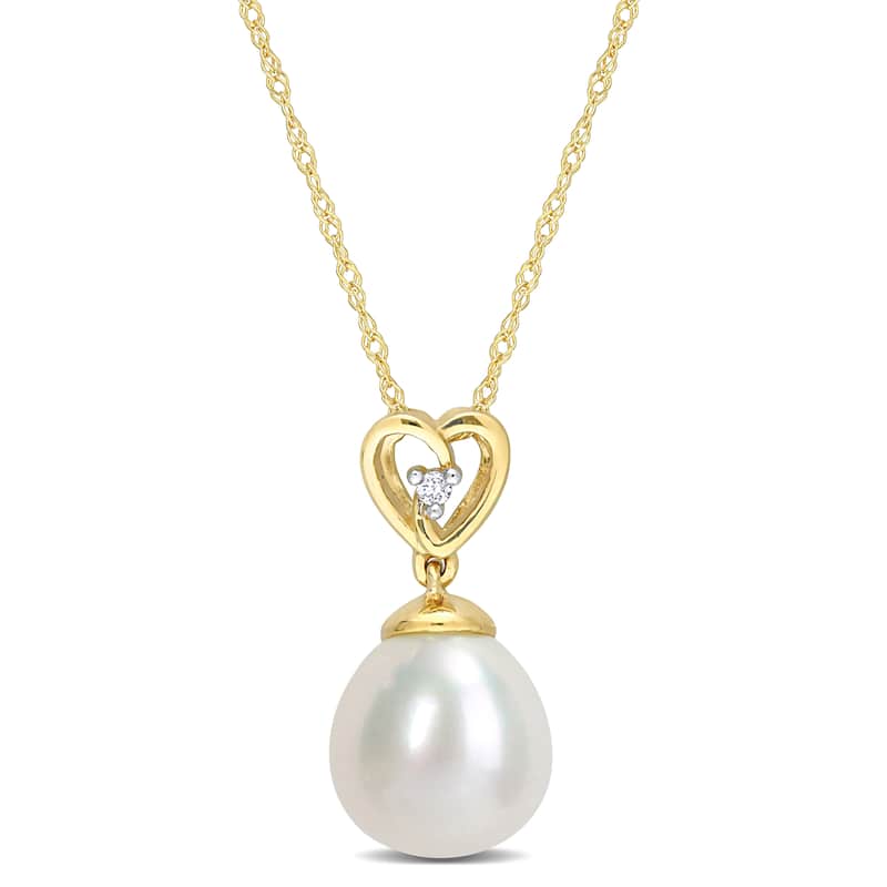 Miadora 8.5-9mm Cultured Freshwater Pearl Diamond Accent Heart Necklace 10k Yellow Gold