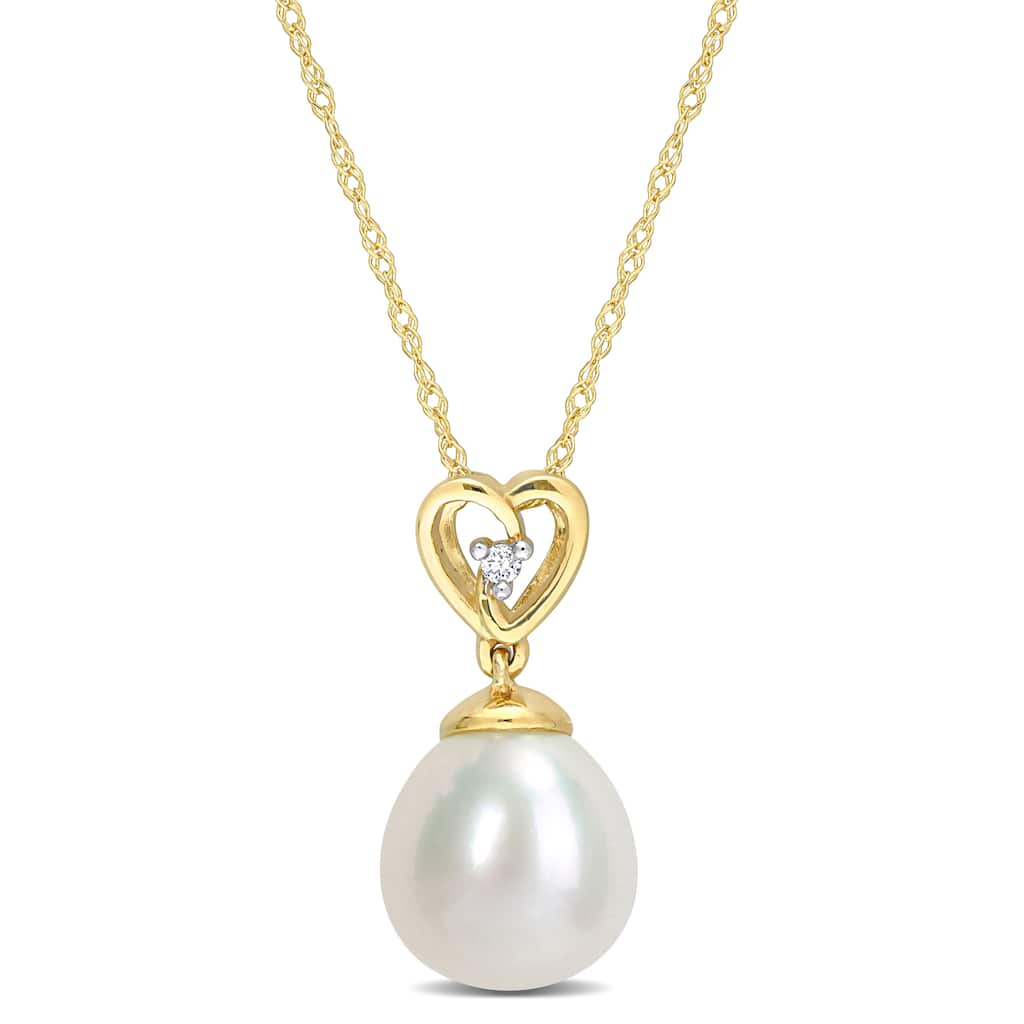 Miadora 8.5-9mm Cultured Freshwater Pearl Diamond Accent Heart Necklace 10k Yellow Gold