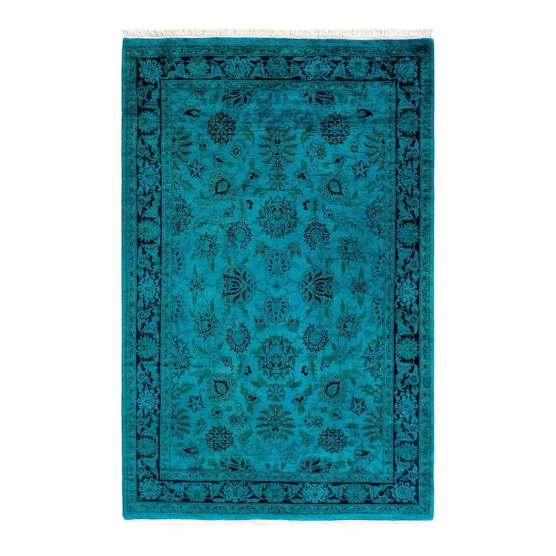 Overton Hand Knotted Wool Vintage Inspired Modern Contemporary Overdyed Blue Area Rug - 4' 2" x 6' 4"