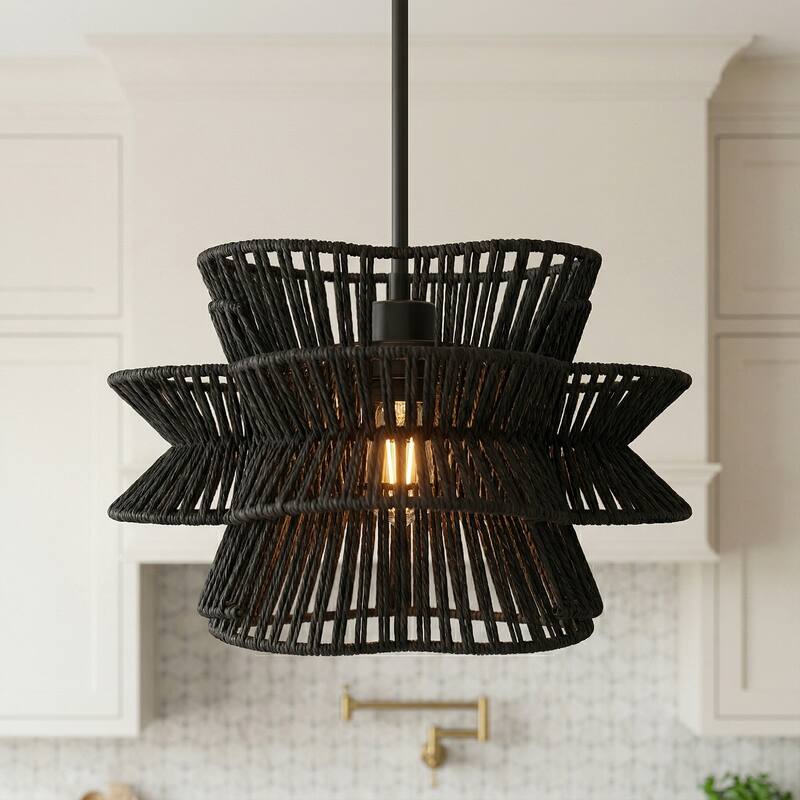 Acroma 1-light Farmhouse Coastal Woven Chandelier for Dining Room - 16'' D * 61'' H - Matte Black