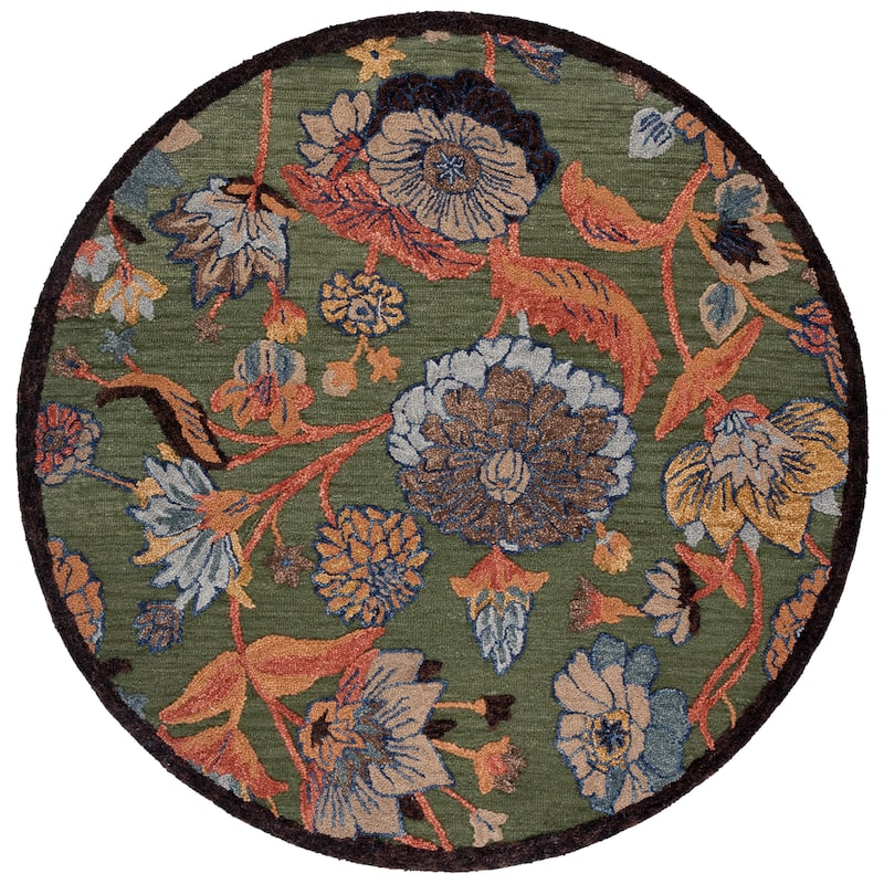 SAFAVIEH Handmade Jardin Rusa Country Floral Wool Rug - 6' Round - Green/Blue