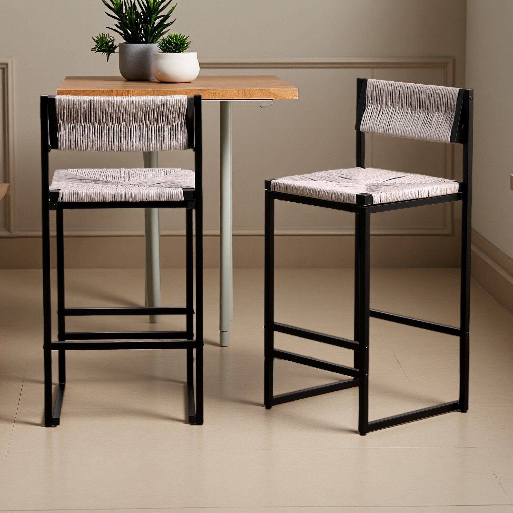 34.8"H Set of 2 Handwoven Paper Rope Bar Stools with Backrest Natural Woven Counter Height Chairs with Double Footrest