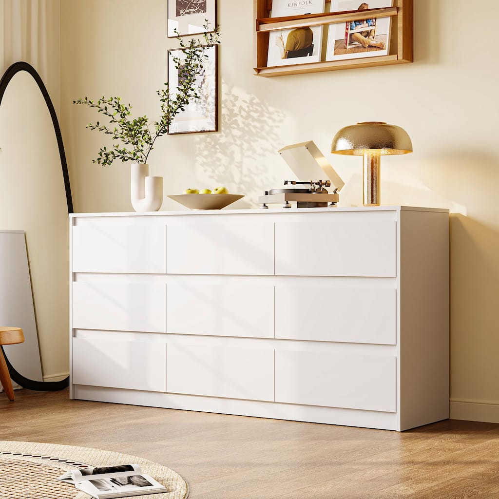 63" Modern 9-Drawer Dresser for Bedroom, Wide White Chest of Drawers, Large Storage Cabinet for Clothes Organization