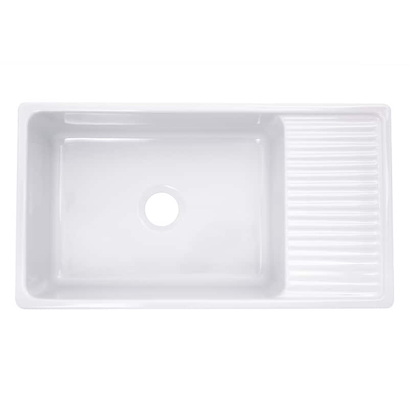 Highpoint Collection Fireclay Farmsink with Built In Drainboard - 36" x 20" x 10"