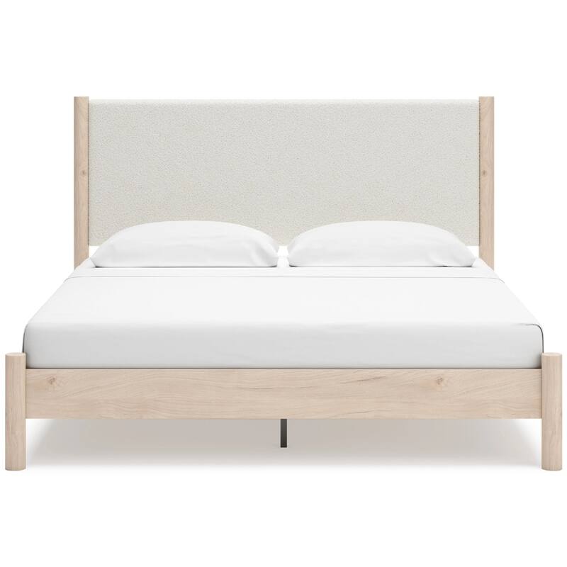 Mooran King Size Bed, White Polyester Upholstery, Light Brown Wood