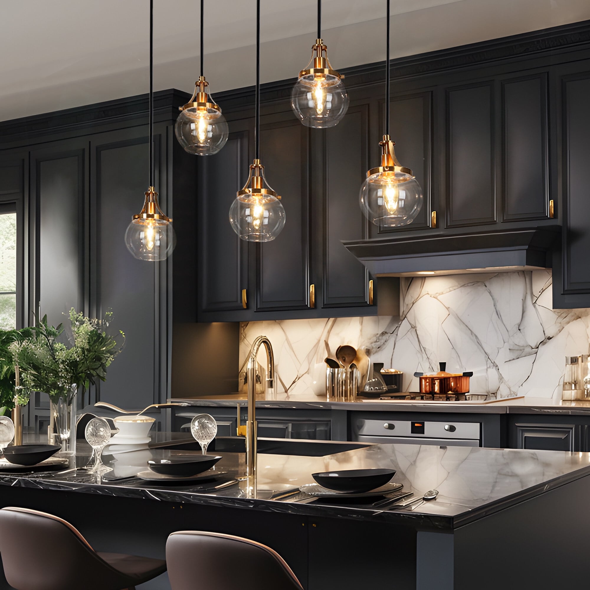 Beta Modern 5-Light Linear Glass Chandelier Black Gold Kitchen Island Pendant Light - L 31.5