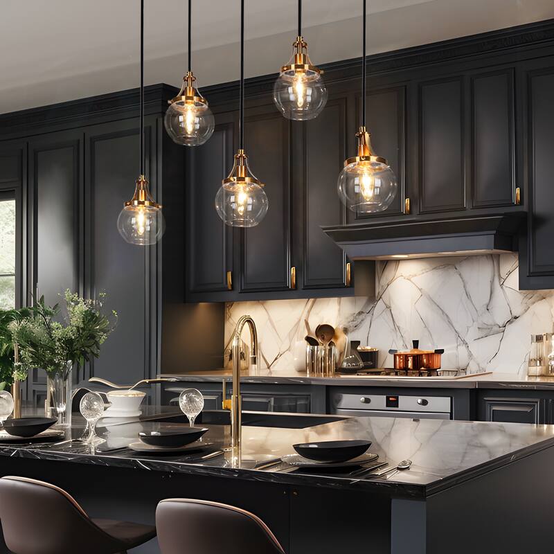 Beta Modern 5-Light Linear Glass Chandelier Black Gold Kitchen Island Pendant Light - L 31.5" x W 4.9" x H 8"