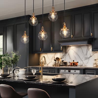 Beta Modern 5-Light Linear Glass Chandelier Black Gold Kitchen Island Pendant Light - L 31.5" x W 4.9" x H 8"