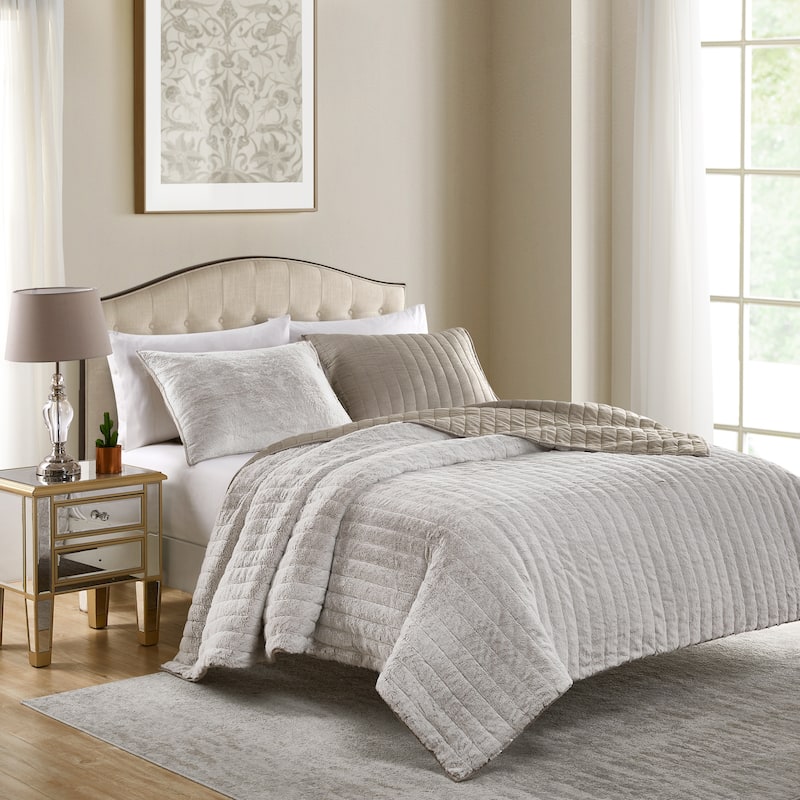 Beaute Solid Faux Fur Quilted Comforter Set,3-piece Reversible lightweight Shaggy Blanket Coverlet Bedding Set
