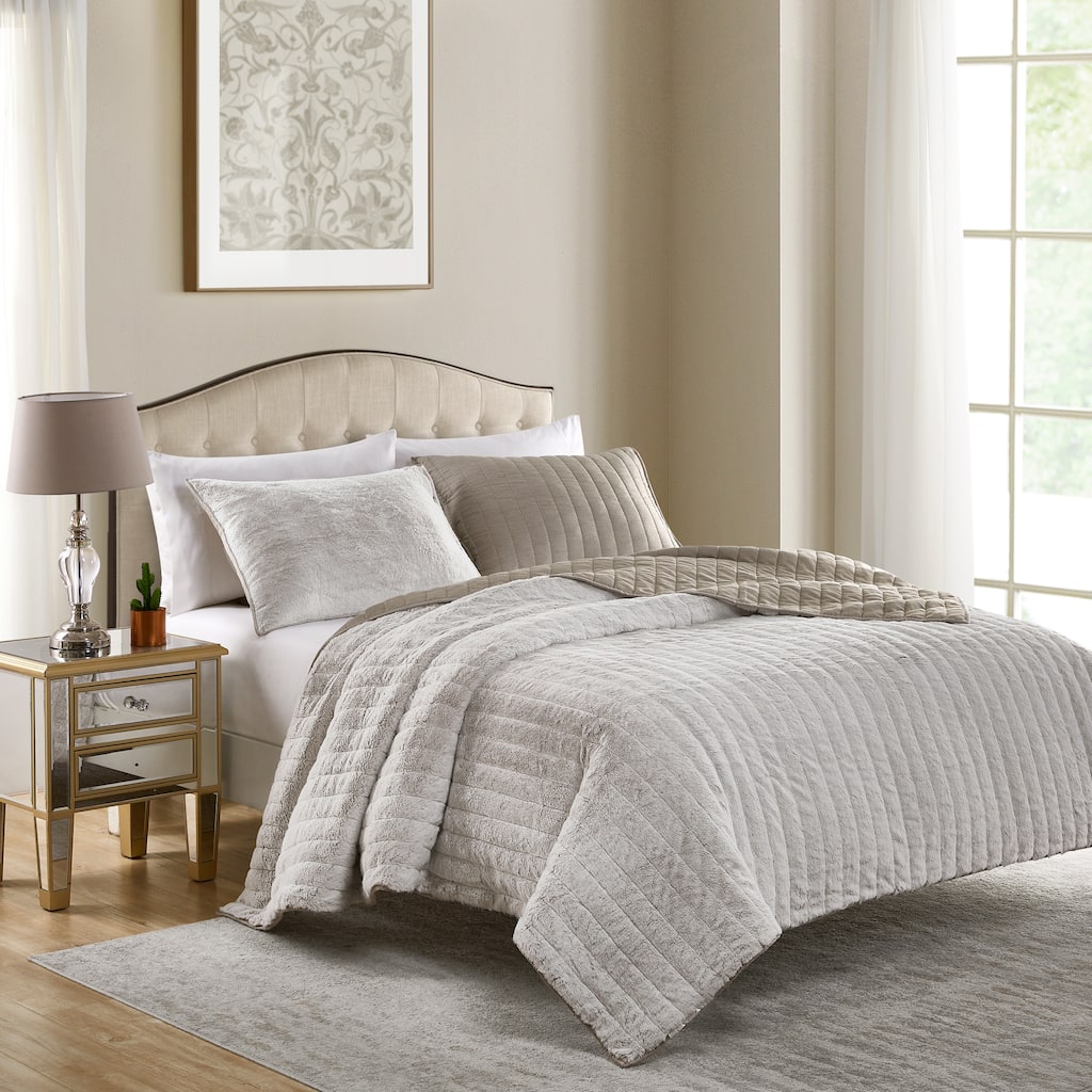Beaute Solid Faux Fur Quilted Comforter Set,3-piece Reversible lightweight Shaggy Blanket Coverlet Bedding Set