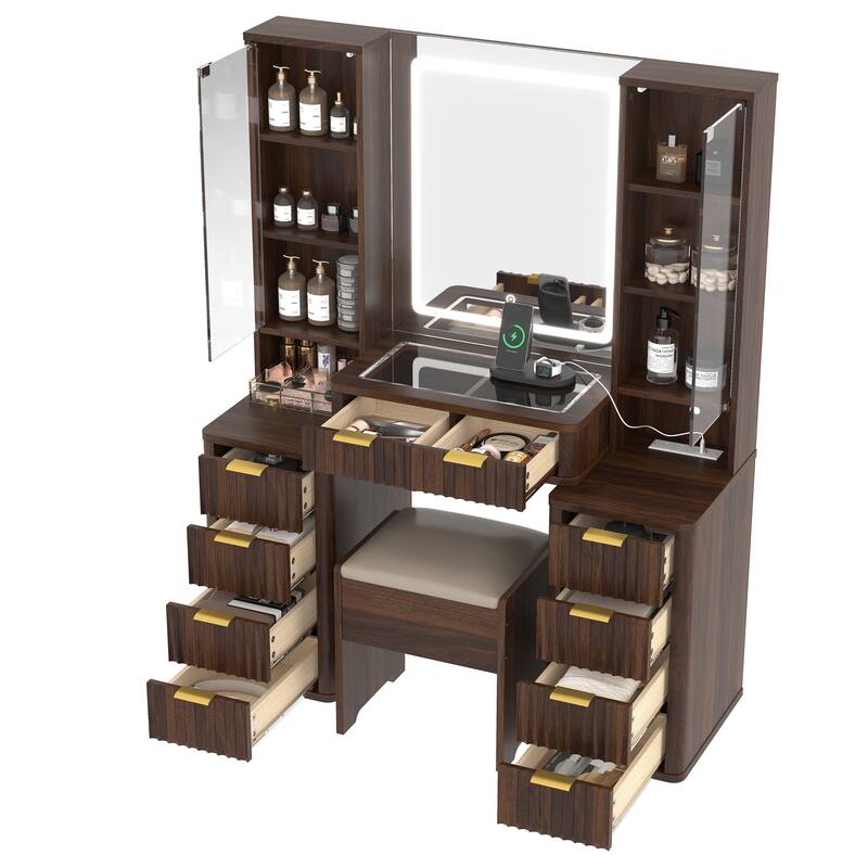 43.5" Fluted Makeup Vanity Desk with LED Mirror, Dressing Table Set with Stool, 10 Drawers & Charging Station