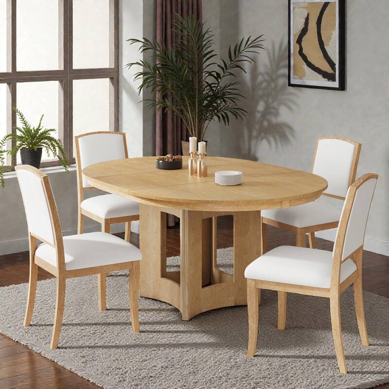 5-Piece Farmhouse Extendable Round Dining Table Set with 16" Leaf and 4 Upholstered Chairs for Small Spaces