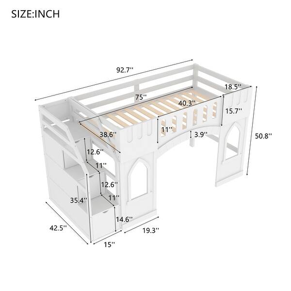 dimension image slide 1 of 2, Twin Size Low Loft Bed with Side Storage Staircase and Window, Pinewood Frame Playhouse Bed Playful Castle Bed for Children