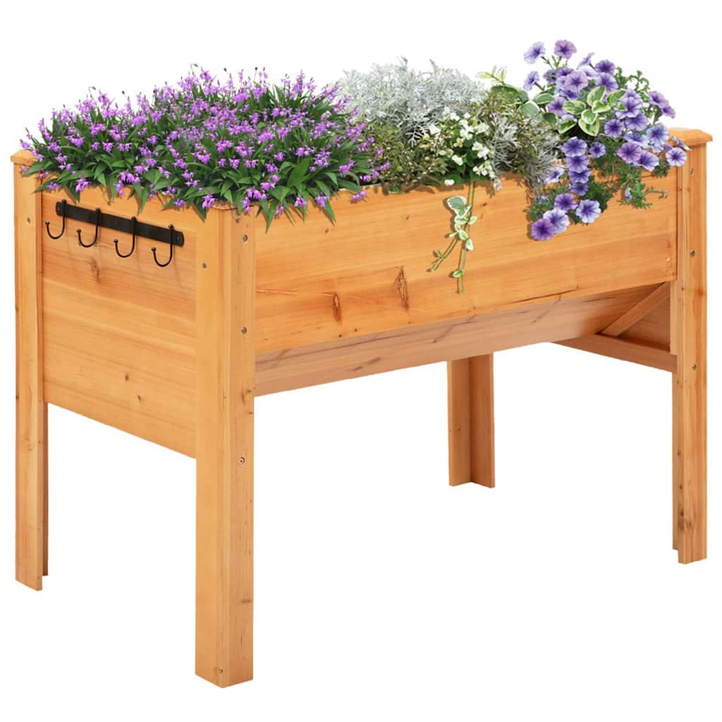 Wooden Raised Garden Plant Stand Outdoor Tall Flower Bed Box with Hooks, 48" x 24" x 32", Nature Wood