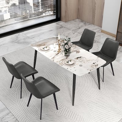 63" Rectangle Modern Sintered Stone Dining Table, Industrial Kitchen Table with Sturdy Black Metal Legs