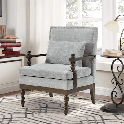 EROMMY Modern Accent Chair with Lumbar Pillow, Linen Fabric Spindle Arm Chair with Wood Frame for Living Room, Bedroom, Office