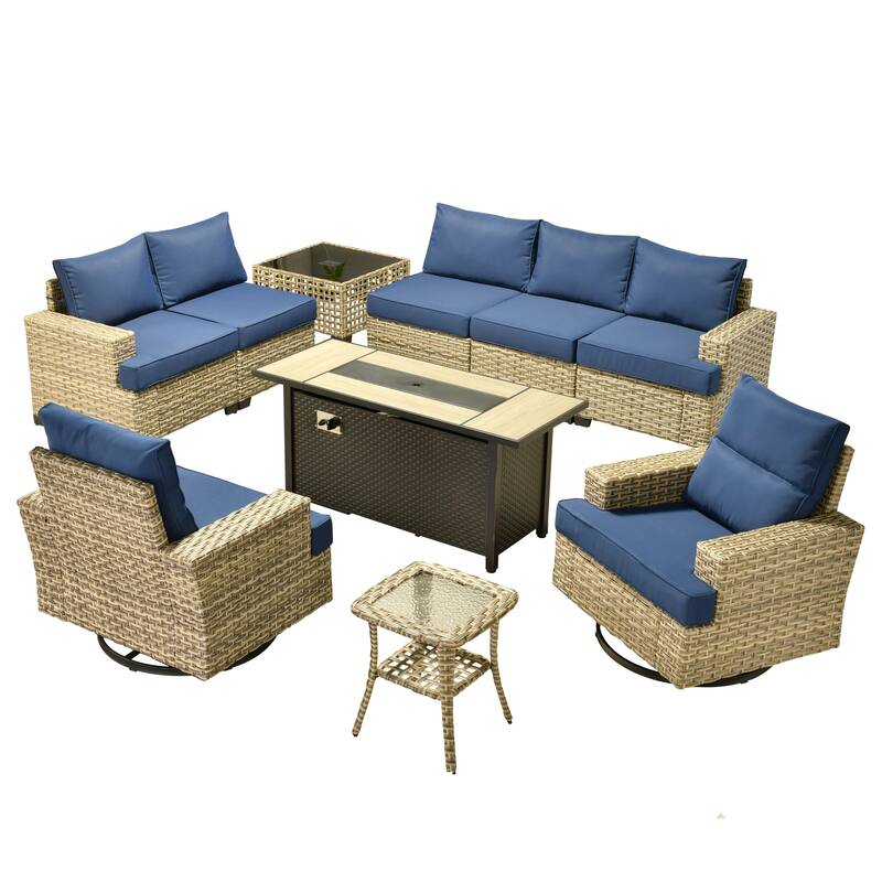 HOOOWOOO 10-piece Rattan Wicker Patio Outdoor Furniture Fire Pit Set with Swivel Rocking Chairs