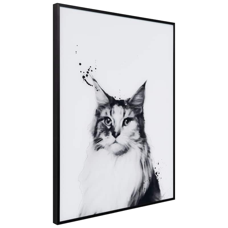 "Siberian Cat" Black and White Pet Portraits on Reverse Printed Art Glass, Minimally Encased on Black Anodized Aluminum Frame
