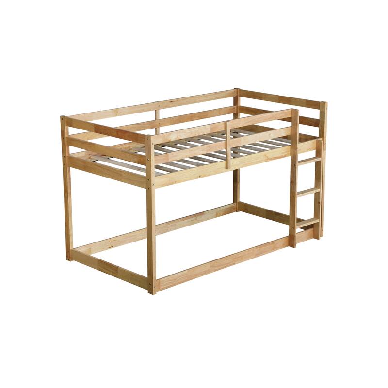 Solid Rubber Wood Twin over Twin Floor Bunk Bed with Ladder, Natural