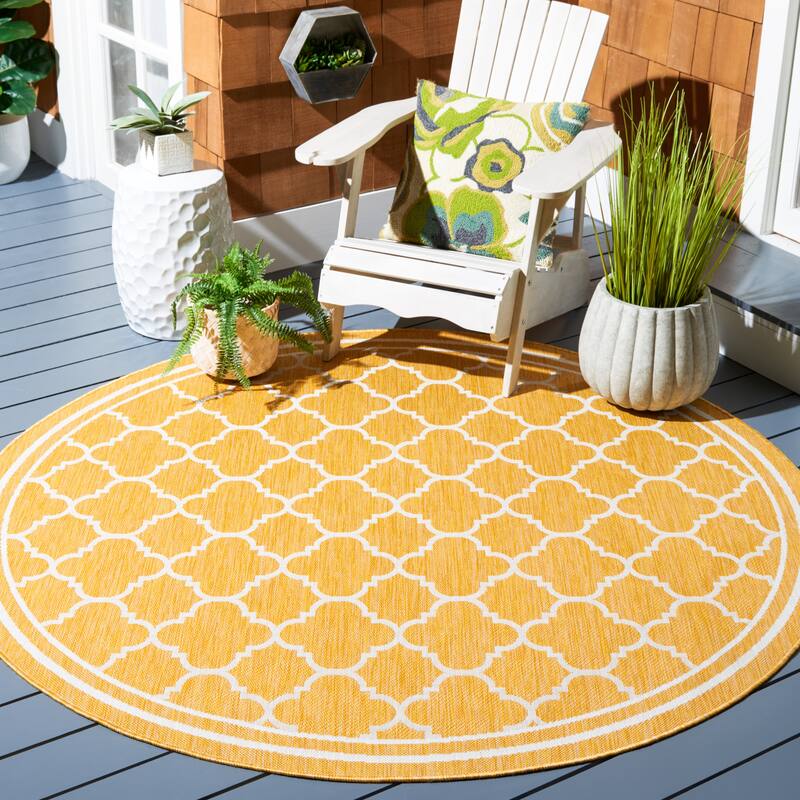 SAFAVIEH Courtyard Kamini Indoor/ Outdoor Waterproof Patio Backyard Rug - 6'7" Round - Gold/Beige