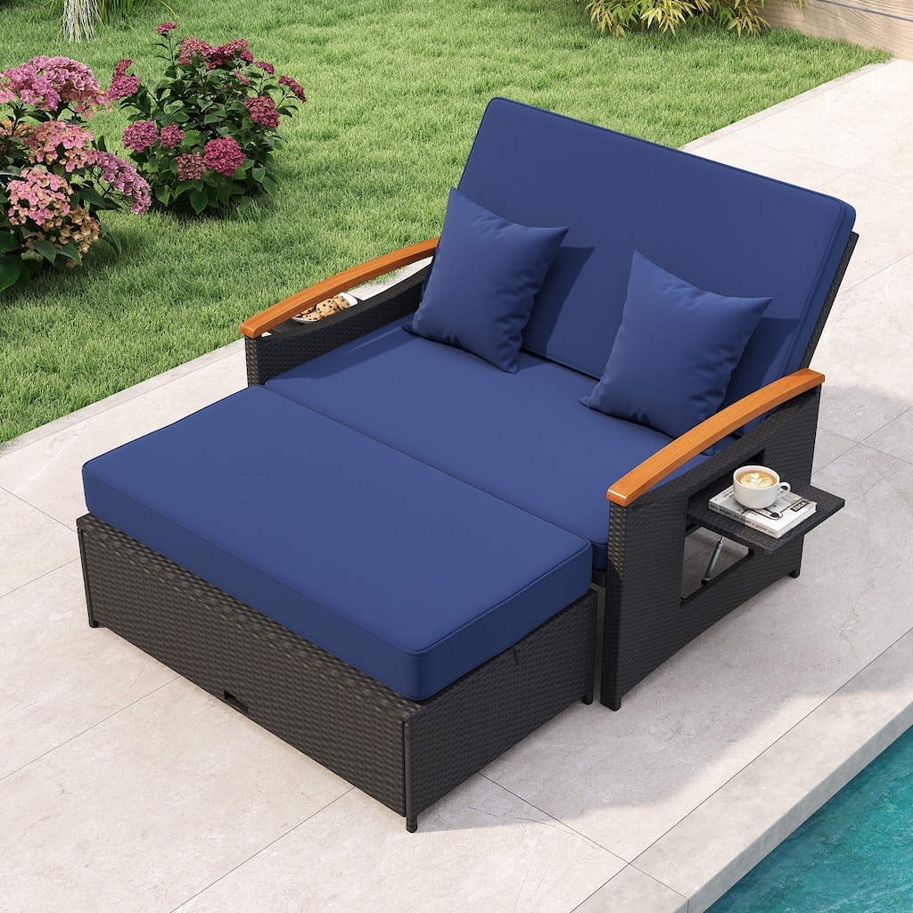 Gymax Patio Rattan Daybed Set w/Cushioned Loveseat & Storage Ottoman