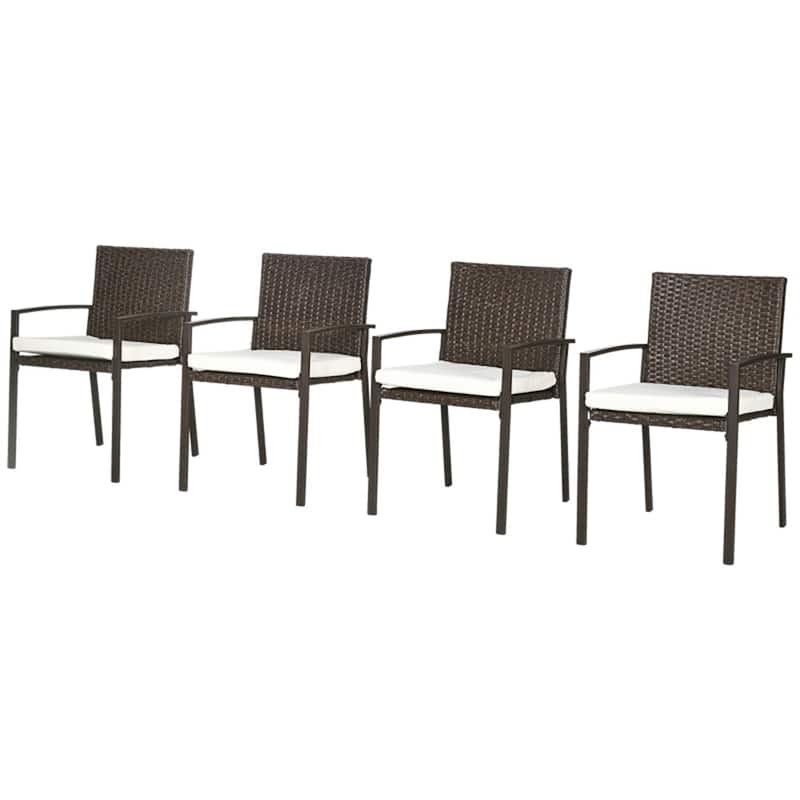 Brown PE Rattan Outdoor Chair Set with Cream Cushions and Steel Frame - 20.9" W x 22.8" D x 32.75" H - 4 pc