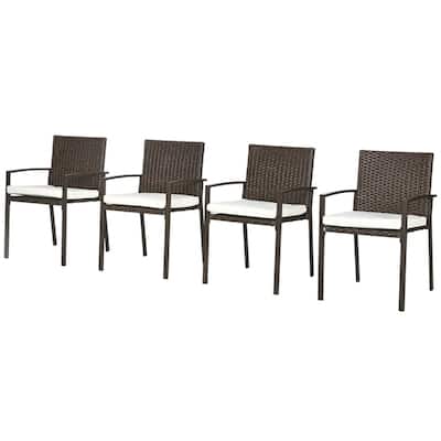 Brown PE Rattan Outdoor Chair Set with Cream Cushions and Steel Frame - 20.9" W x 22.8" D x 32.75" H