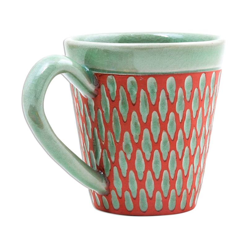 Novica Handmade Ginger Green Honeycomb Celadon Ceramic Mug
