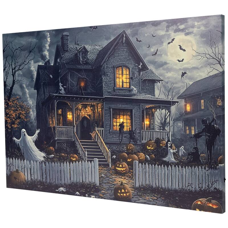 LED Lighted Haunted House Halloween Canvas Wall Art - 15.75 x 23.75"