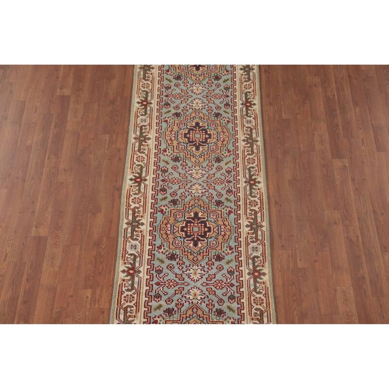 Geometric Heriz Serapi Runner Rug Handmade Blue Wool Carpet - 2'6"x 9'9"