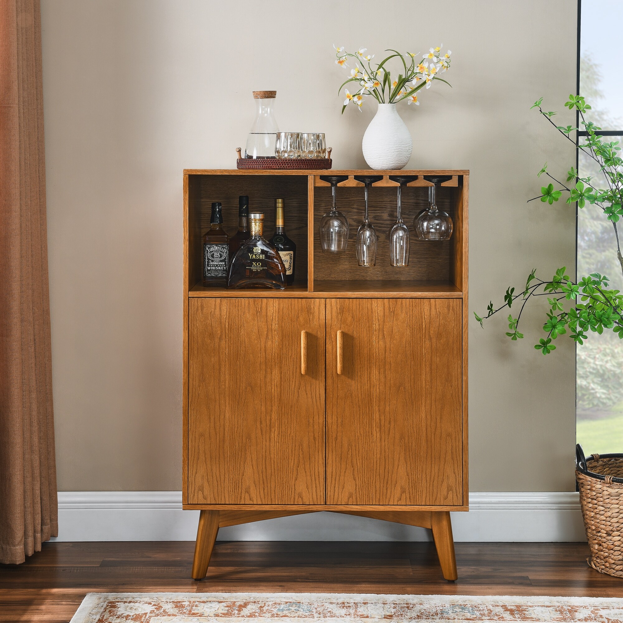 thumbnail image 2 of Ivy Bronx Wine Bar Cabinet With Drawer And LED Lights, 55 Inches Industry Coffee Bar Cabinet With Wine Rack And Glass Goblet Holder, Kitchen Sideboard Buffet Cabinet For Liquor And Goblet 2 of 12