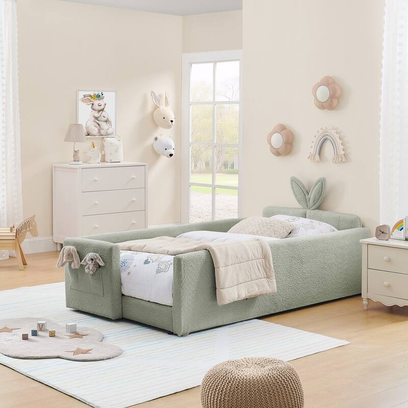 Twin Upholstered Platform Bed with Bunny Ear Headboard, Safety Rail & Pocket in Boucle Fabric