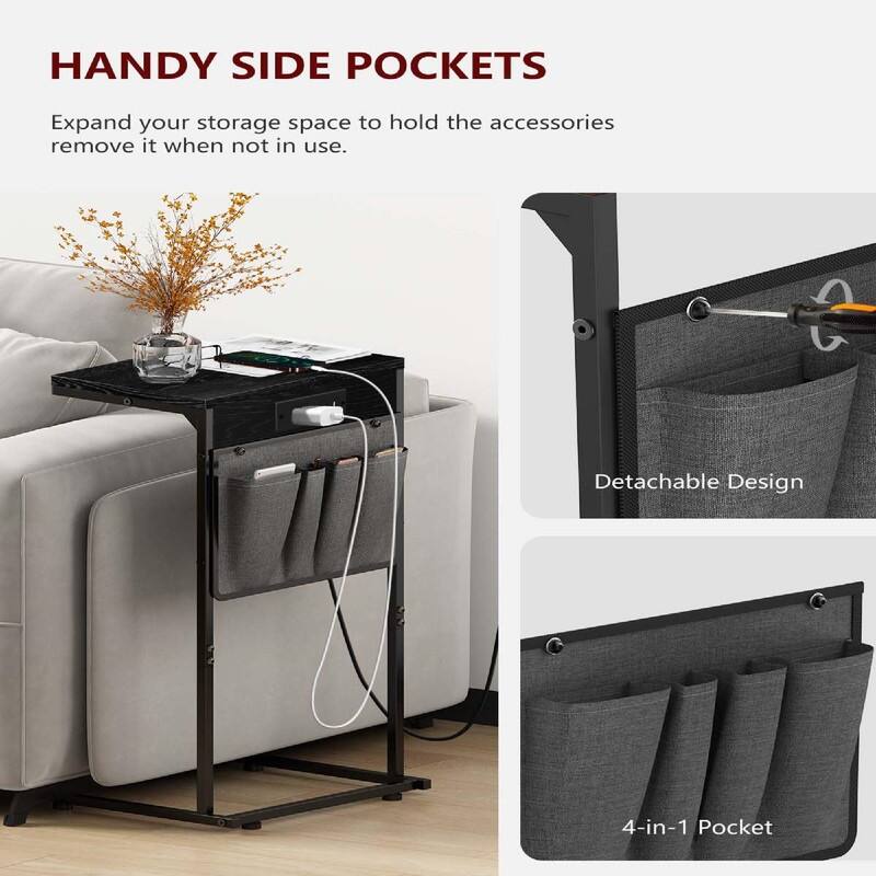 C Shaped End Table with Charging Station - 16"D x 10"W x 28"H
