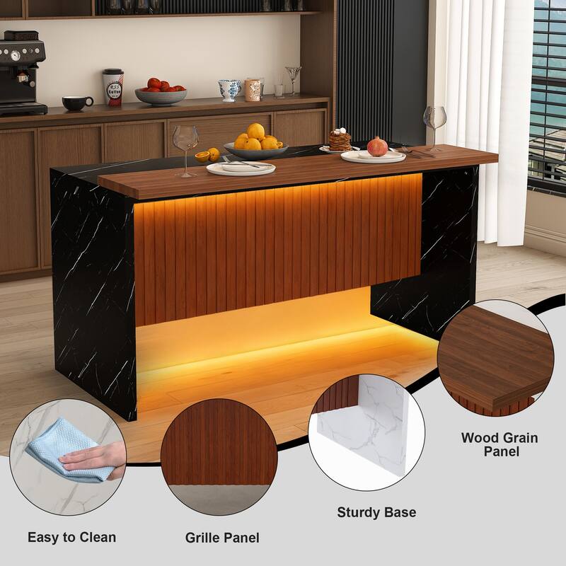 63" Modern Kitchen Island with Marble-Look Countertop, LED Lights, and Grille Design for Dining Room