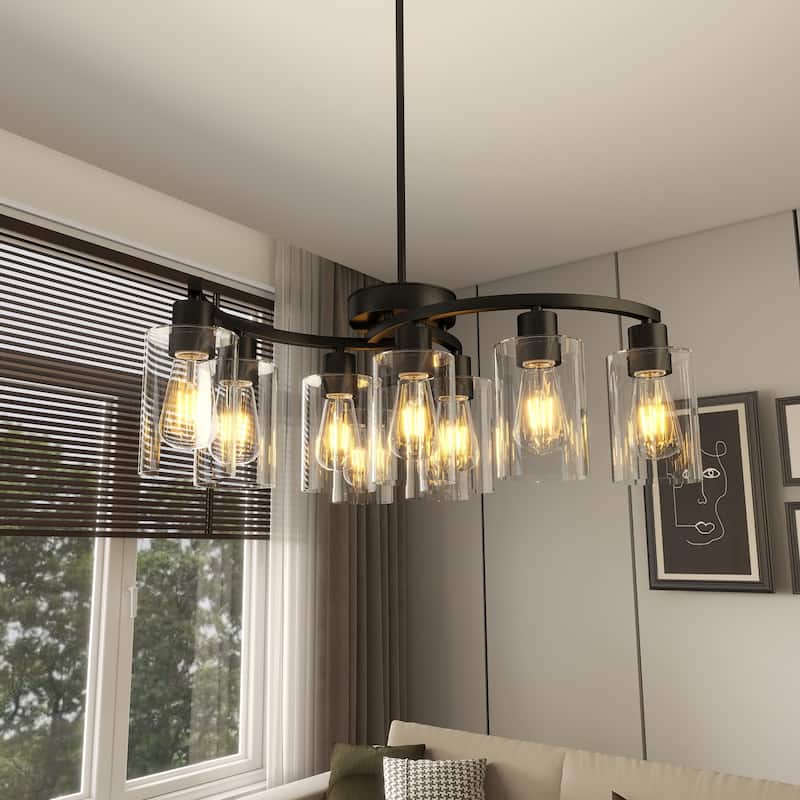9-Light Glass Chandelier, Adjustable Height Dining Room Light Fixtures Over Table, Contemporary Hanging Chandelier - Black