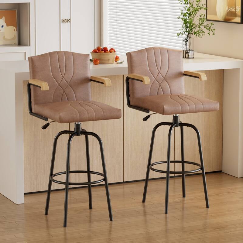 Bar Height Upholstered Bar Stools with Back PU Leather Seat and Wood Arms 30" Tall Bar Chairs 350 lb Weight Capacity - Set of 2 - Brown