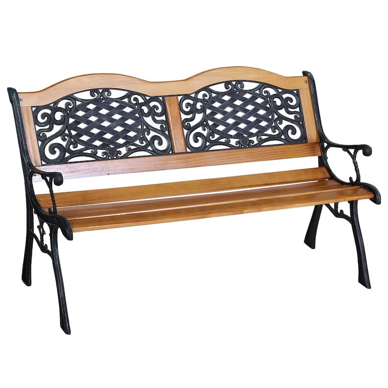 Outdoor Garden Bench with Antique-Like Flourishes, Patio Bench with Wood Slats Seat