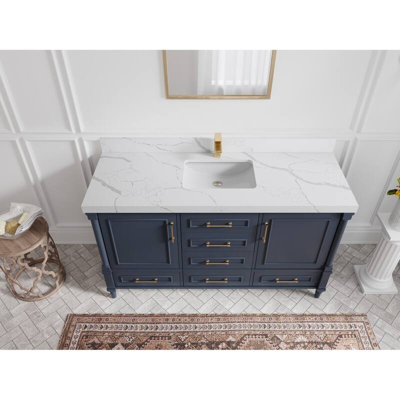 Willow Collections 60 in. W x 22 in. D Aberdeen Single Bowl Sink Bathroom Vanity with Countertop - 2" Calacatta Laza - Hale Navy Blue