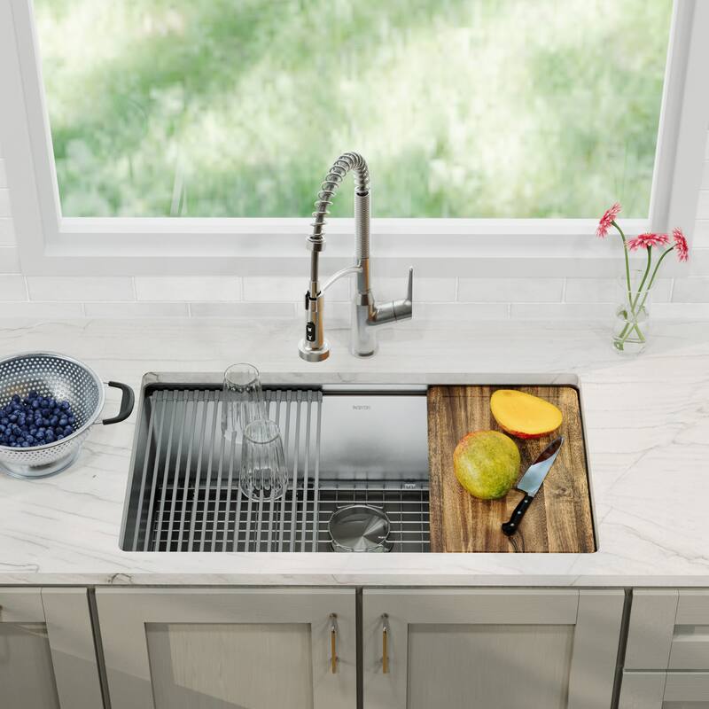 Elite 32" Undermount Workstation 16 Gauge Single Bowl Stainless Steel Kitchen Sink with Scottsdale Pull-Down Faucet