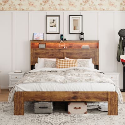 Queen/King Size Farmhouse Style Burned Wood Bed Frame with LED Light, Platform Bed with Storage Headboard and USB Ports