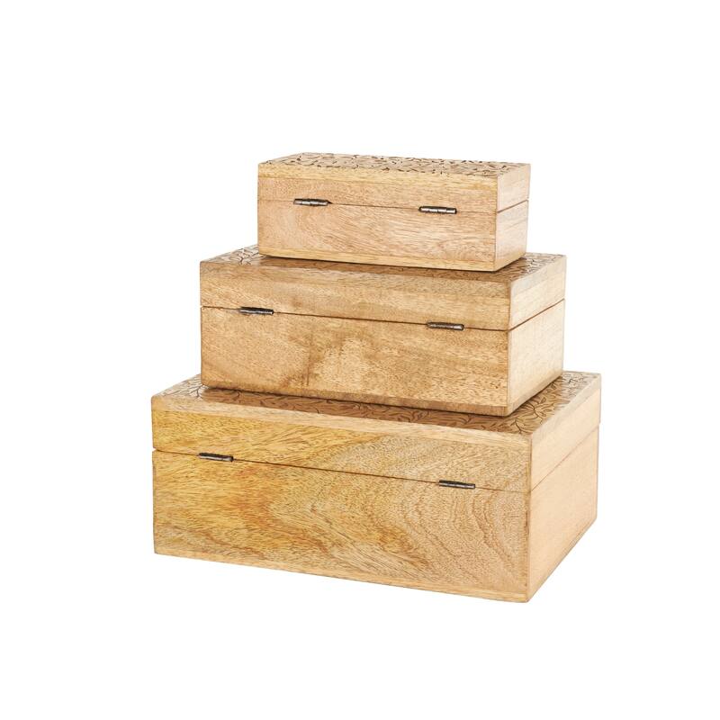 Brown Mango Wood Handmade Storage Scroll Box with Gold Accents (Set of 3)