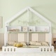 preview thumbnail 3 of 7, Wood Twin Size House Platform Kids Beds Frame, 2-Shared Beds with Shelves, Guardrail, Safe Design, Easy Assembly, Creamy White