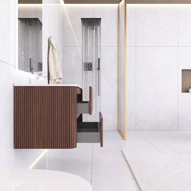 Wall-Mounted Bathroom Vanity in Walnut with Integrated White Ceramic Sink