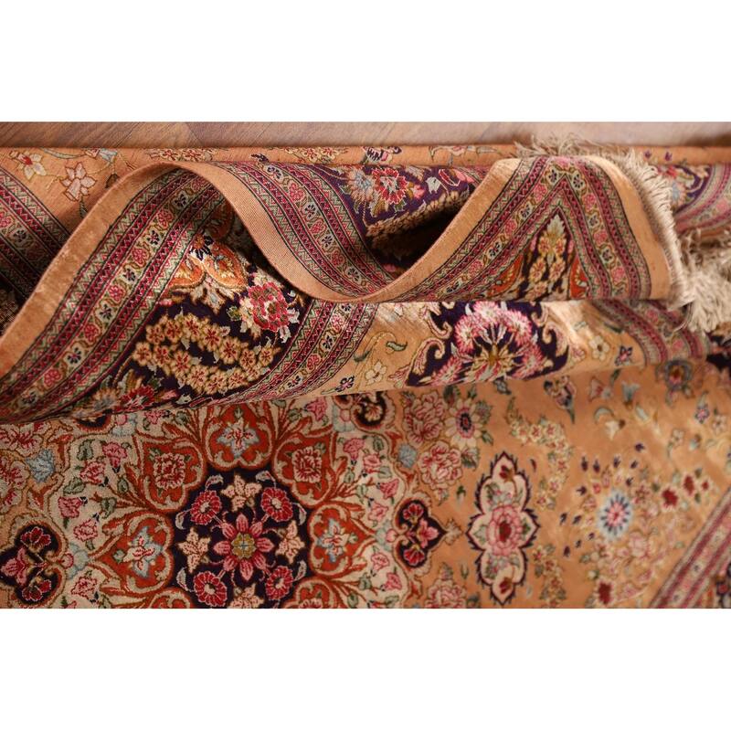 Handmade 100% Silk Geometric Qum Persian Rug Traditional Floral Carpet - 4'7"x 6'8"