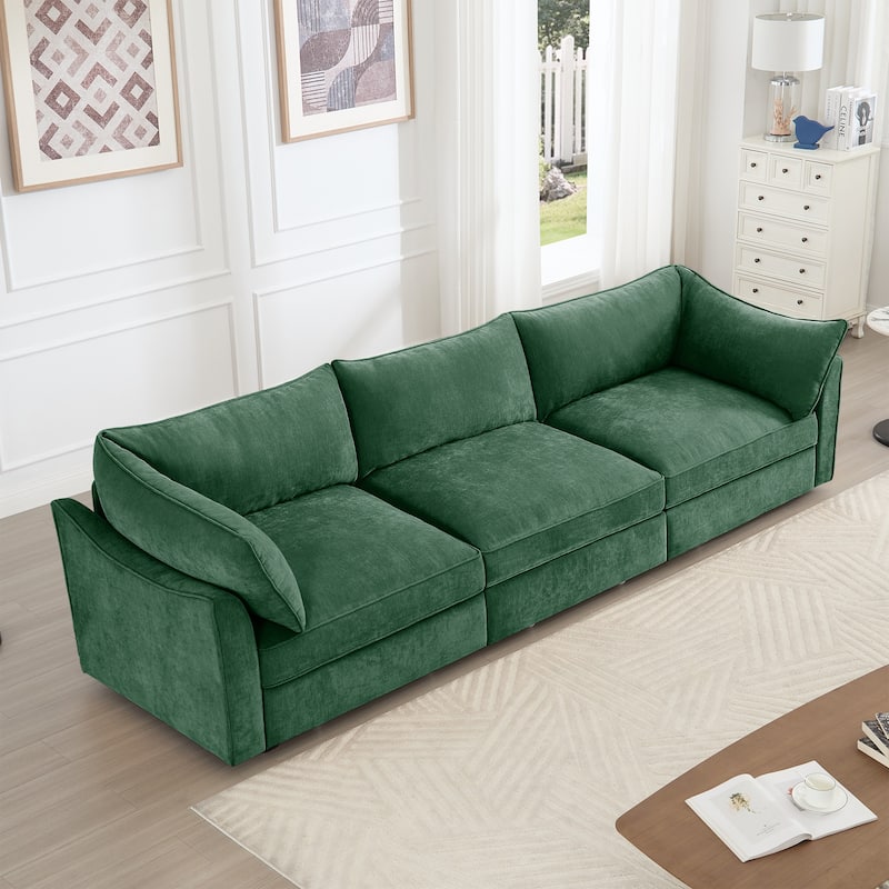 Rossetta 3-Seater Crescent Armrests Sofa with Pull-Out Storage Drawers and Wraparound Cushions in Classic Color Chenille