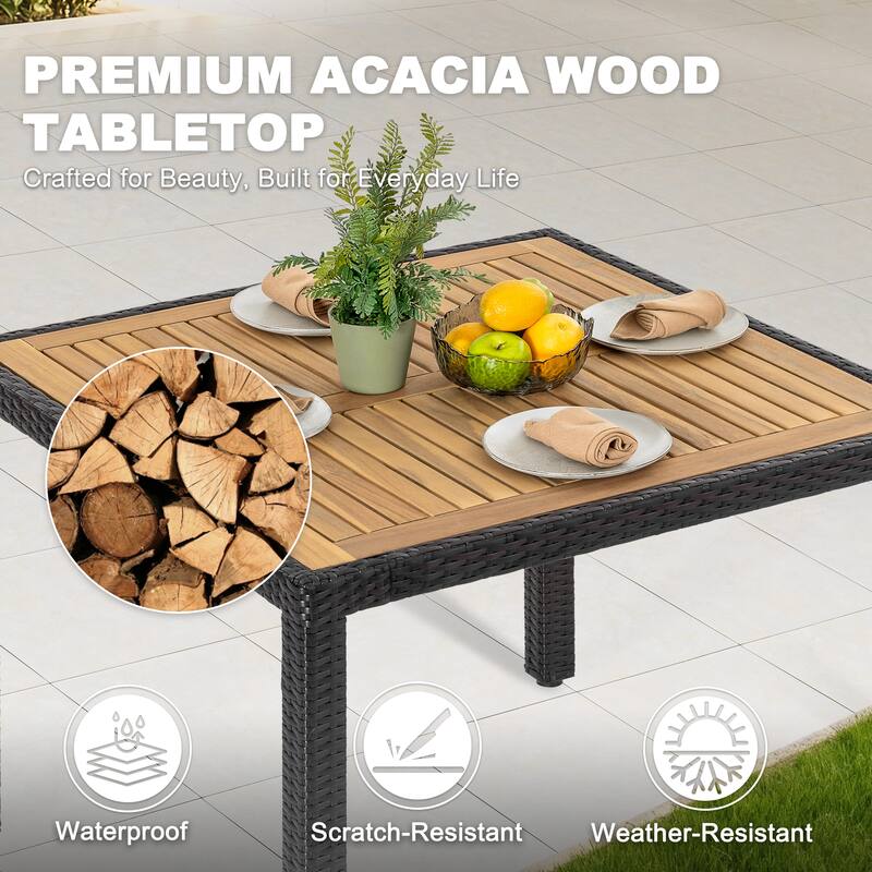 Patio Dining Table, Acacia Wood Top, PE Rattan-Wrapped Metal Frame, Black