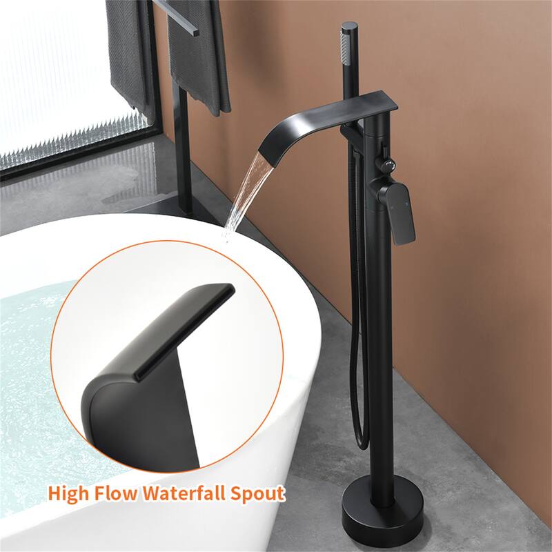 Floor Mount Tub Faucet Matte Black Modern Single Handle Freestanding Bathtub Filler Waterfall