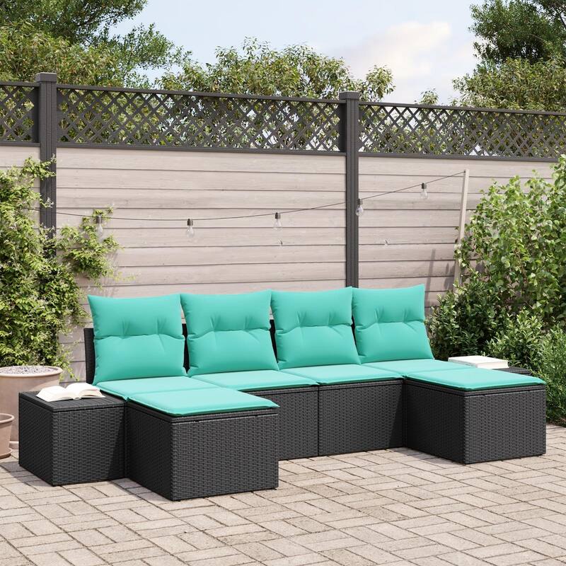 vidaXL 6 Garden Sofa Set with Cushions Black Poly Rattan - 115.7 x 46.1 x 27.2
