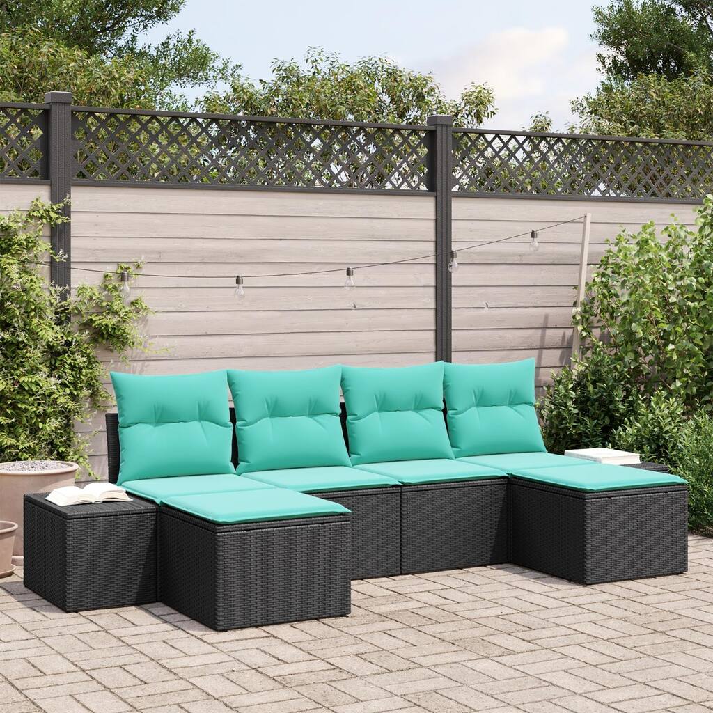 vidaXL 6 Piece Garden Sofa Set with Cushions Black Poly Rattan - 46 x 116 x 27 in