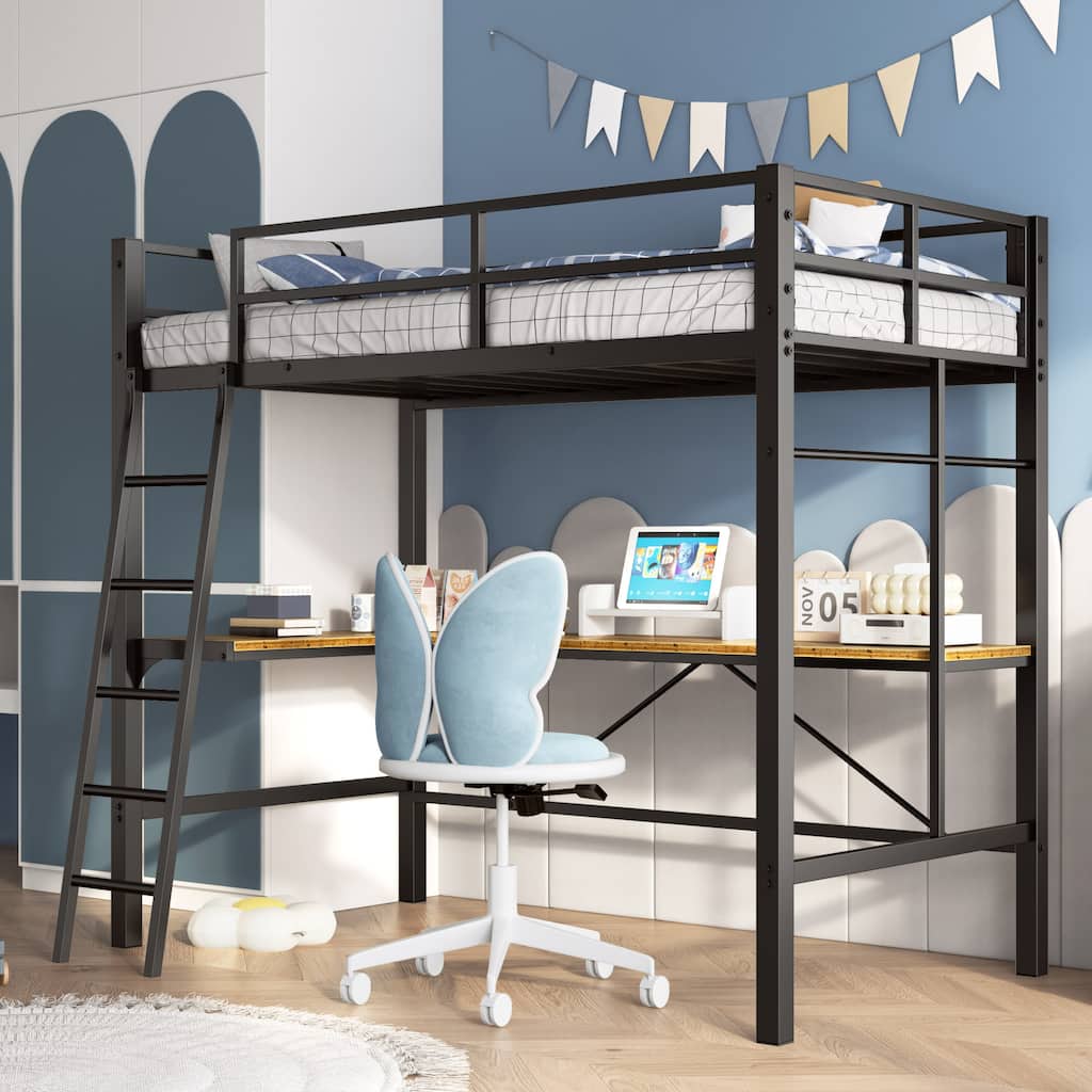 Black Twin Loft Bed with Built-in Study Desk, Charging Station, Safety Guard & Sturdy Metal Frame, No Box Spring Required